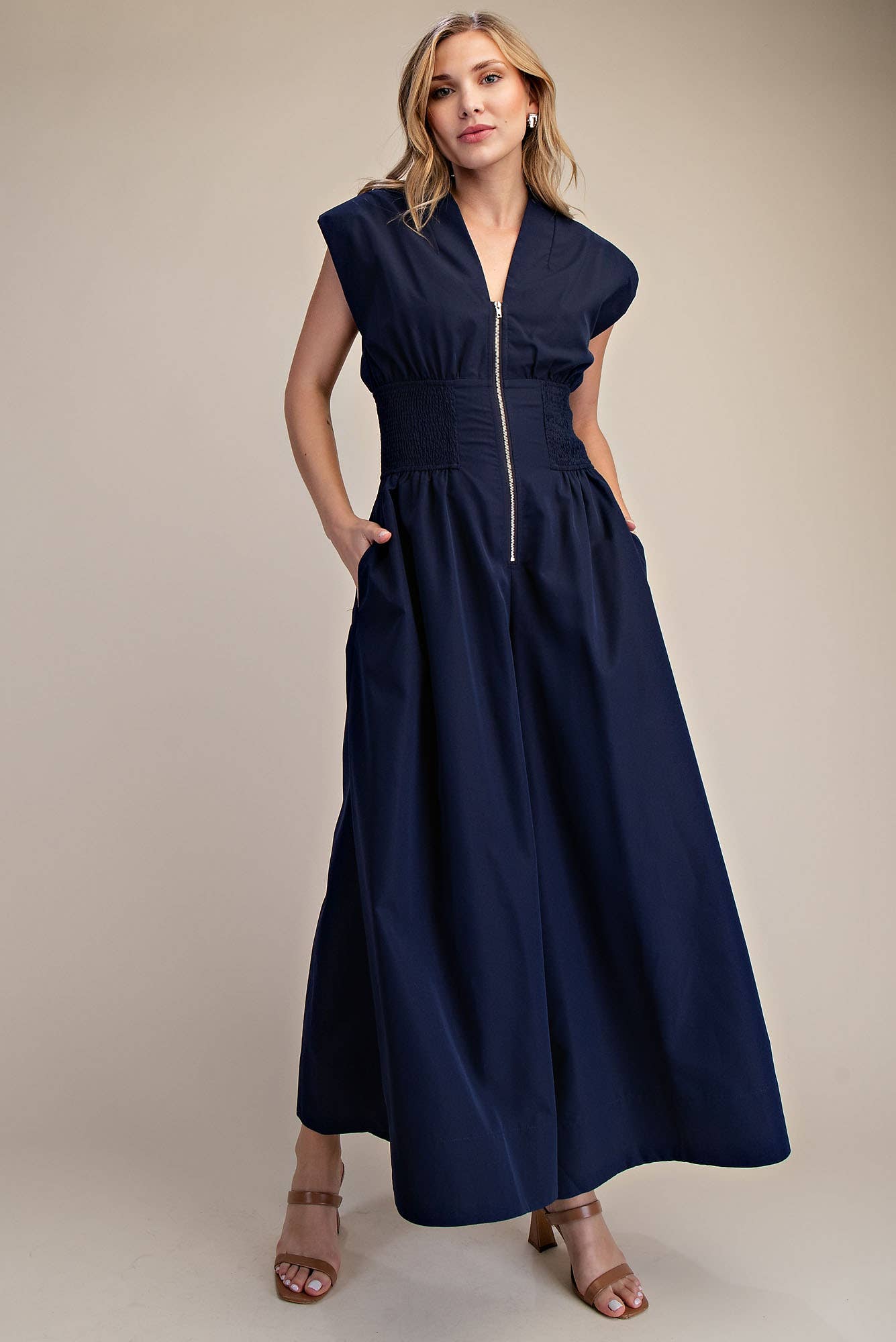 Navy Cap-Sleeve Smocked Front-Zip Jumpsuit