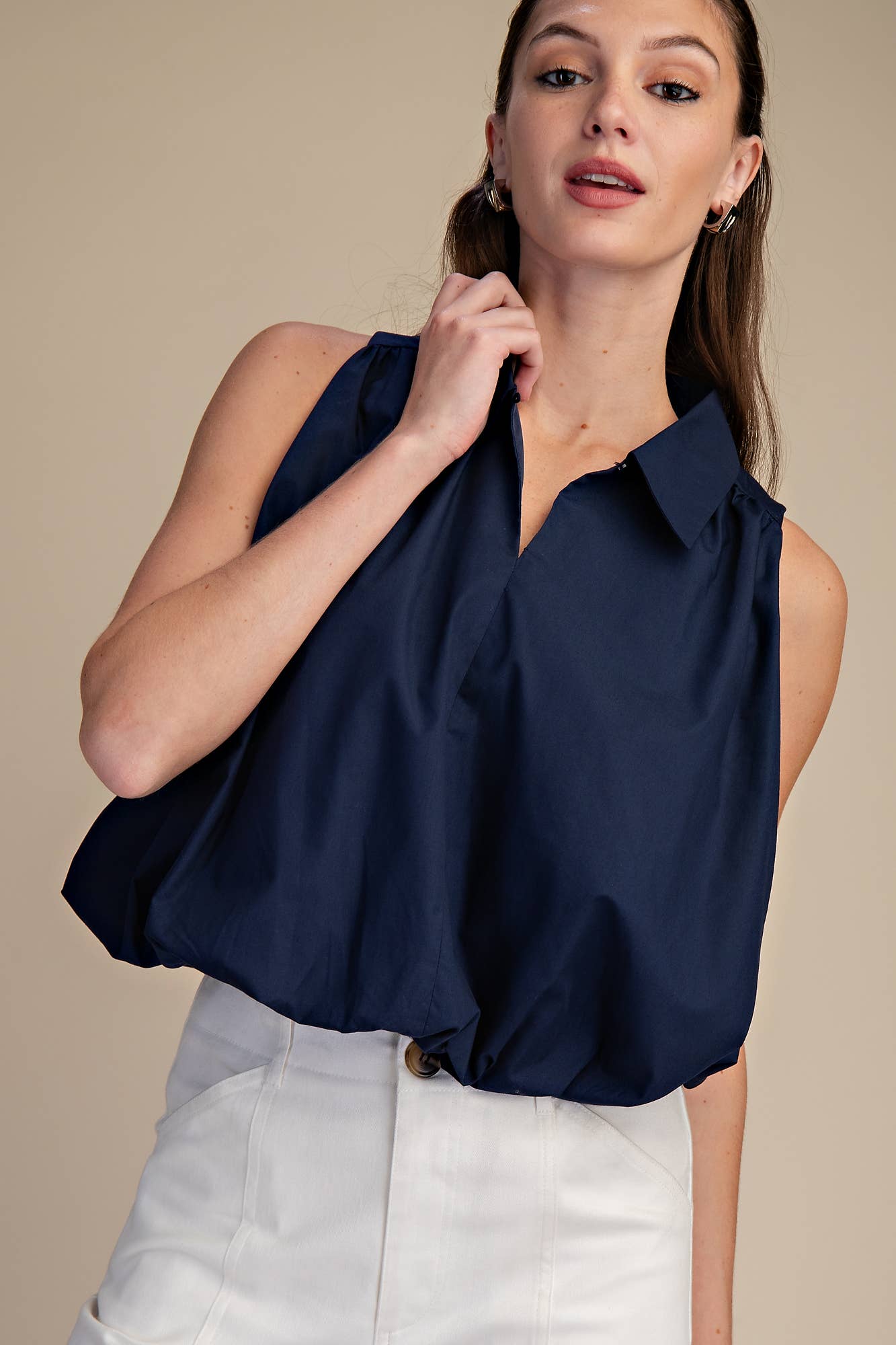 Navy Bubble Hem Sleeveless Shirt Top