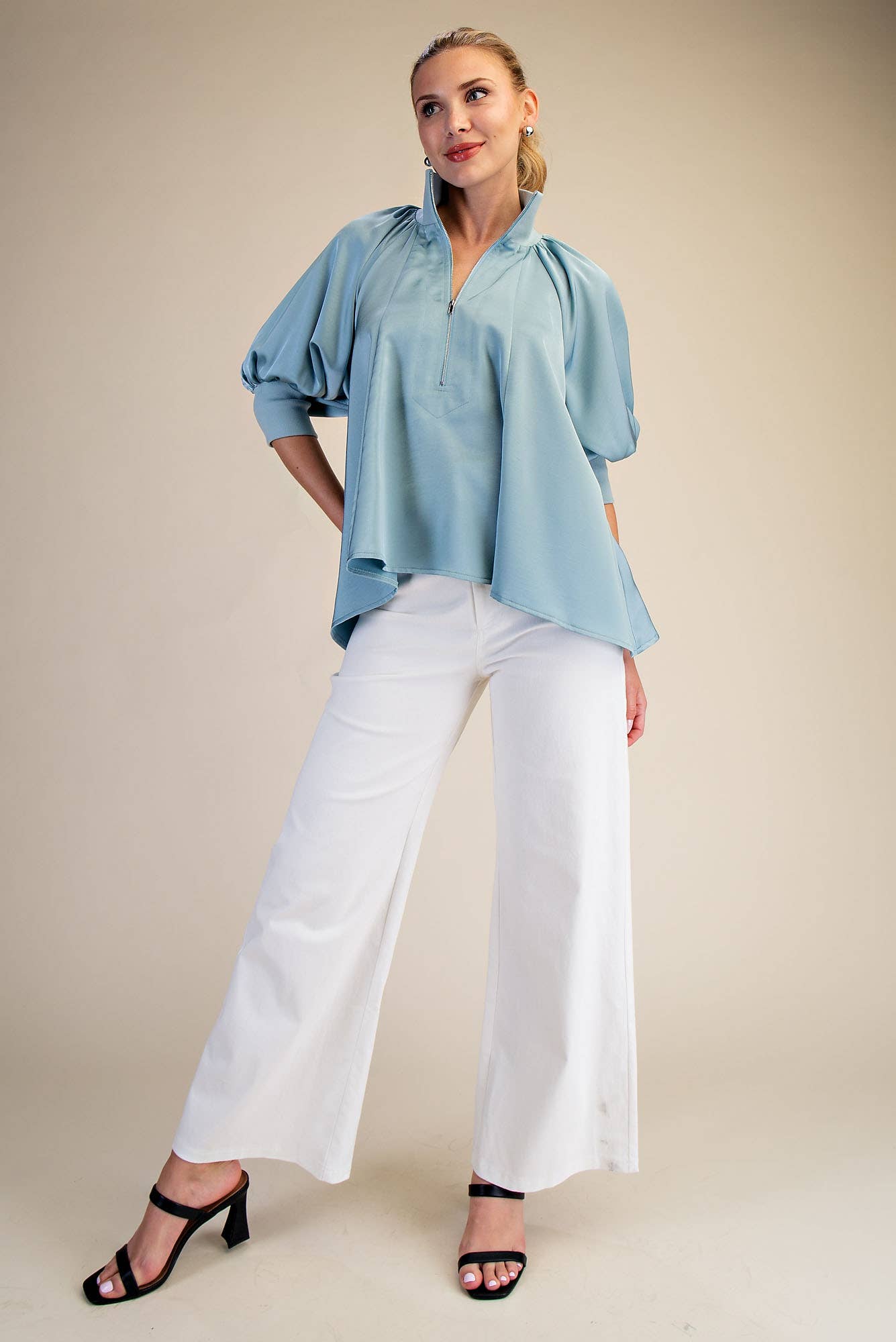 Light Blue Mock Neck Band Puff Sleeve Blouse