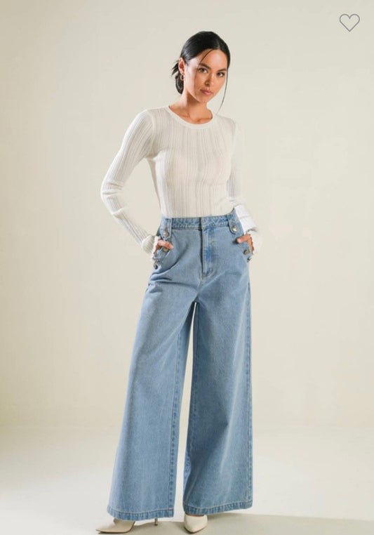 Free Market Wide Leg Jeans with Gold Accent Buttons