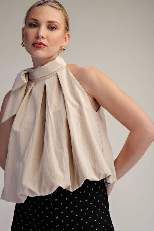 Taupe High Neck Tie Wrap Balloon Sleeveless Top