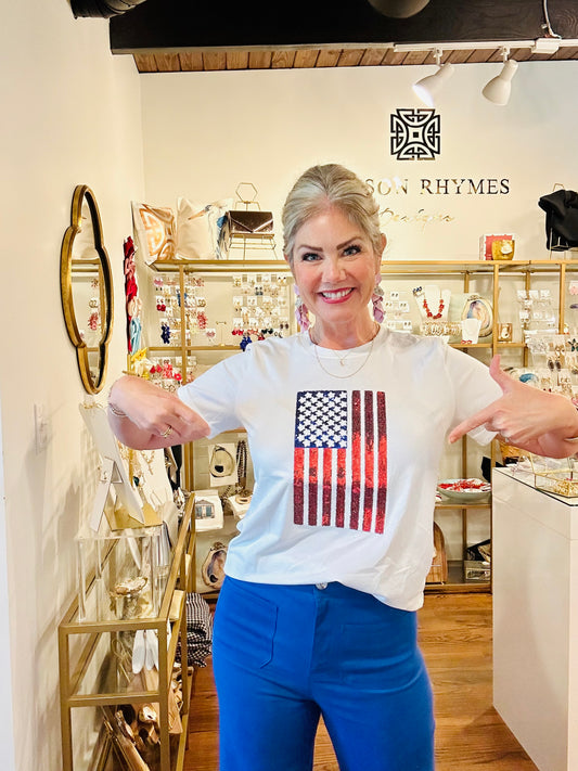 Sequined USA Flag White Tee