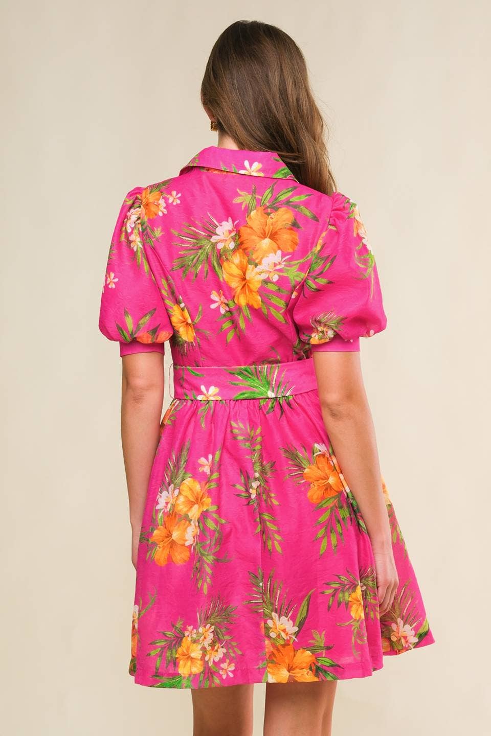 Fuchsia Printed Belted Woven Dress