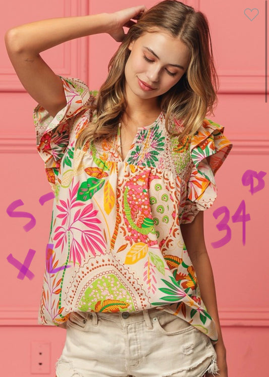 Mixed Leaves Print Smocked Top