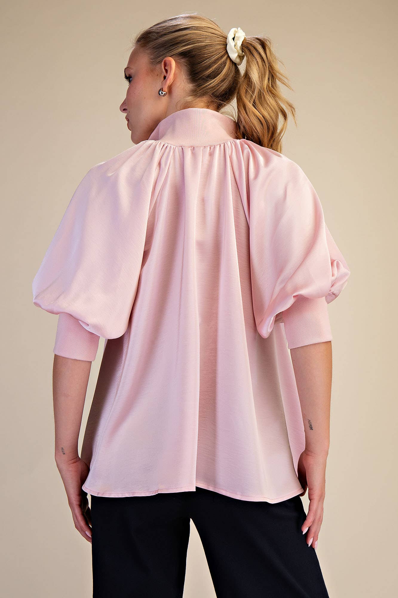 Soft Pink Mock Neck Band Puff Sleeve Elegance Blouse
