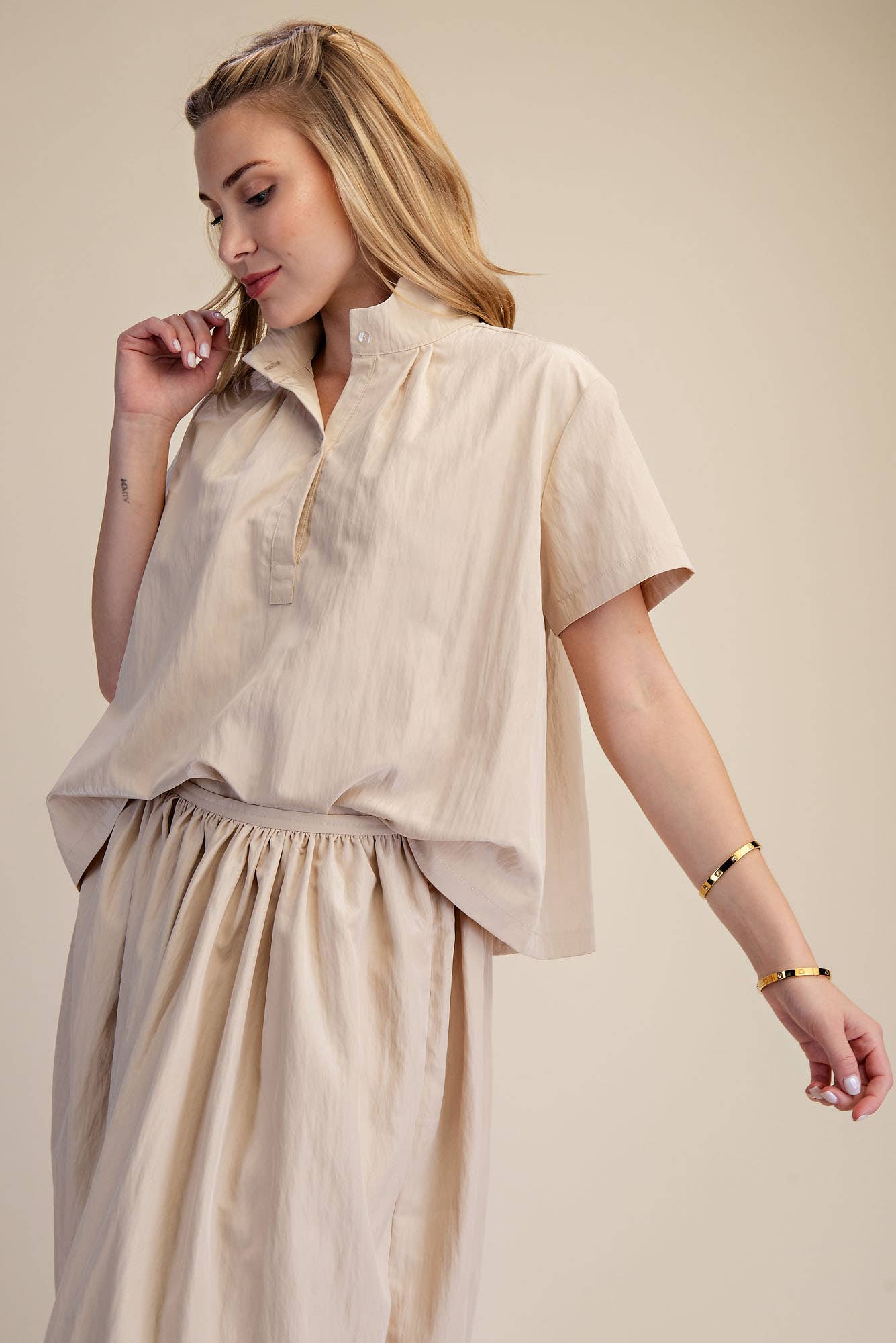 Taupe Stand Collar Short Sleeve Shirt