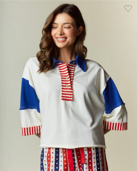 Red, White, Blue Patchwork Rugby Top