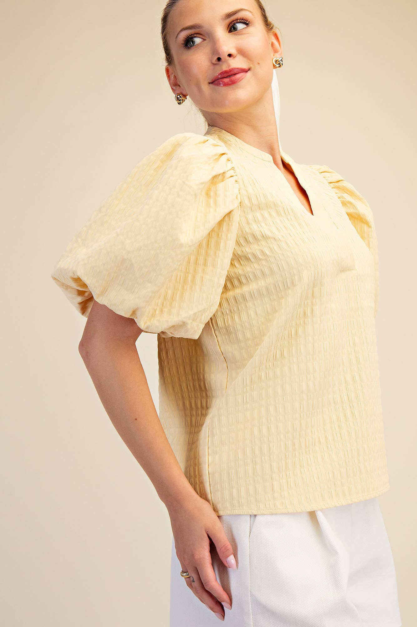 Butter Yellow V-Neck Puff-Sleeve Textured Top