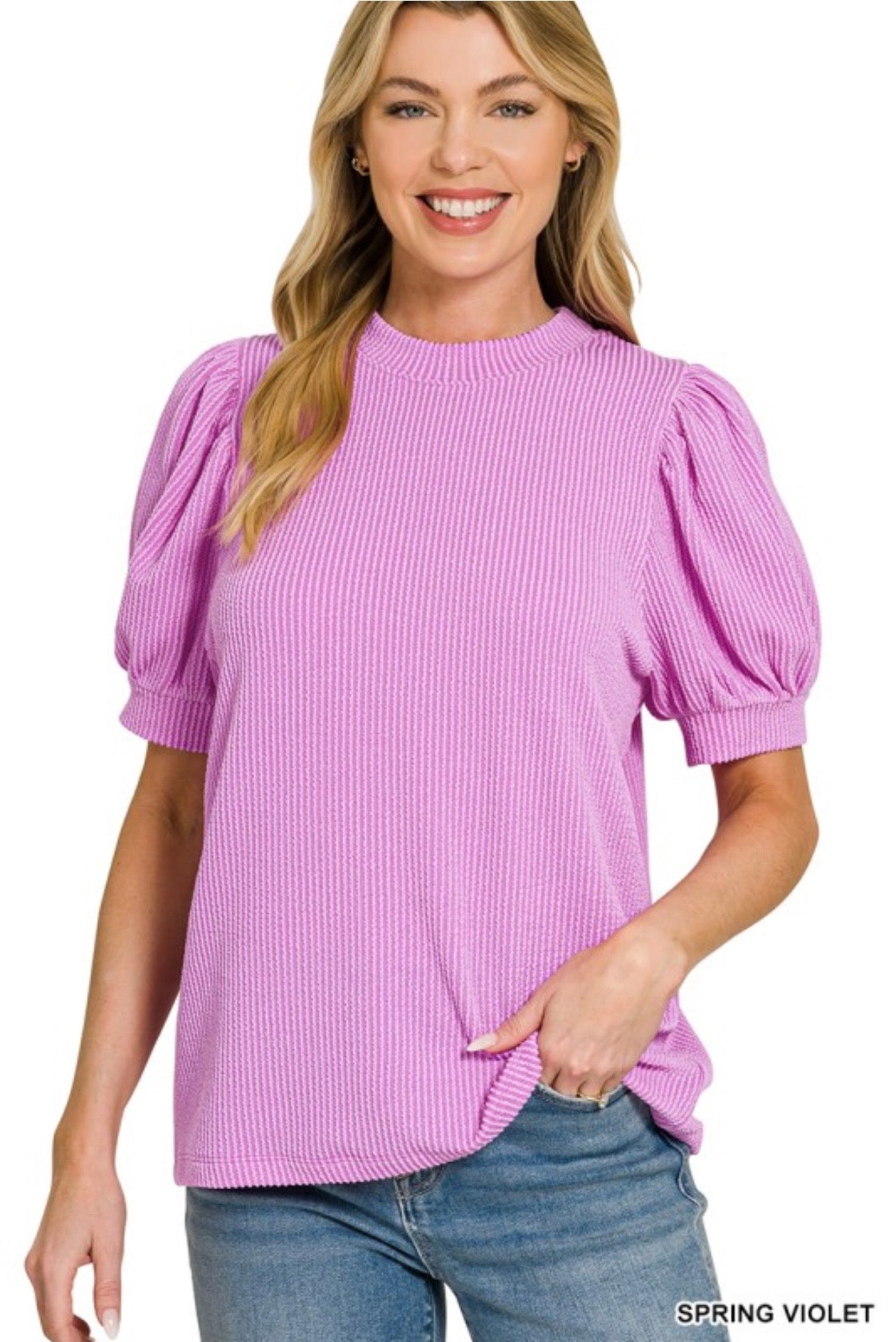 Raised Rib Puff Sleeve Top