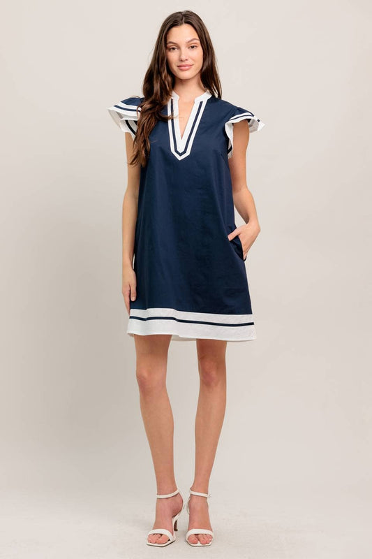 Navy Contrast Trim Flutter Sleeve Dress