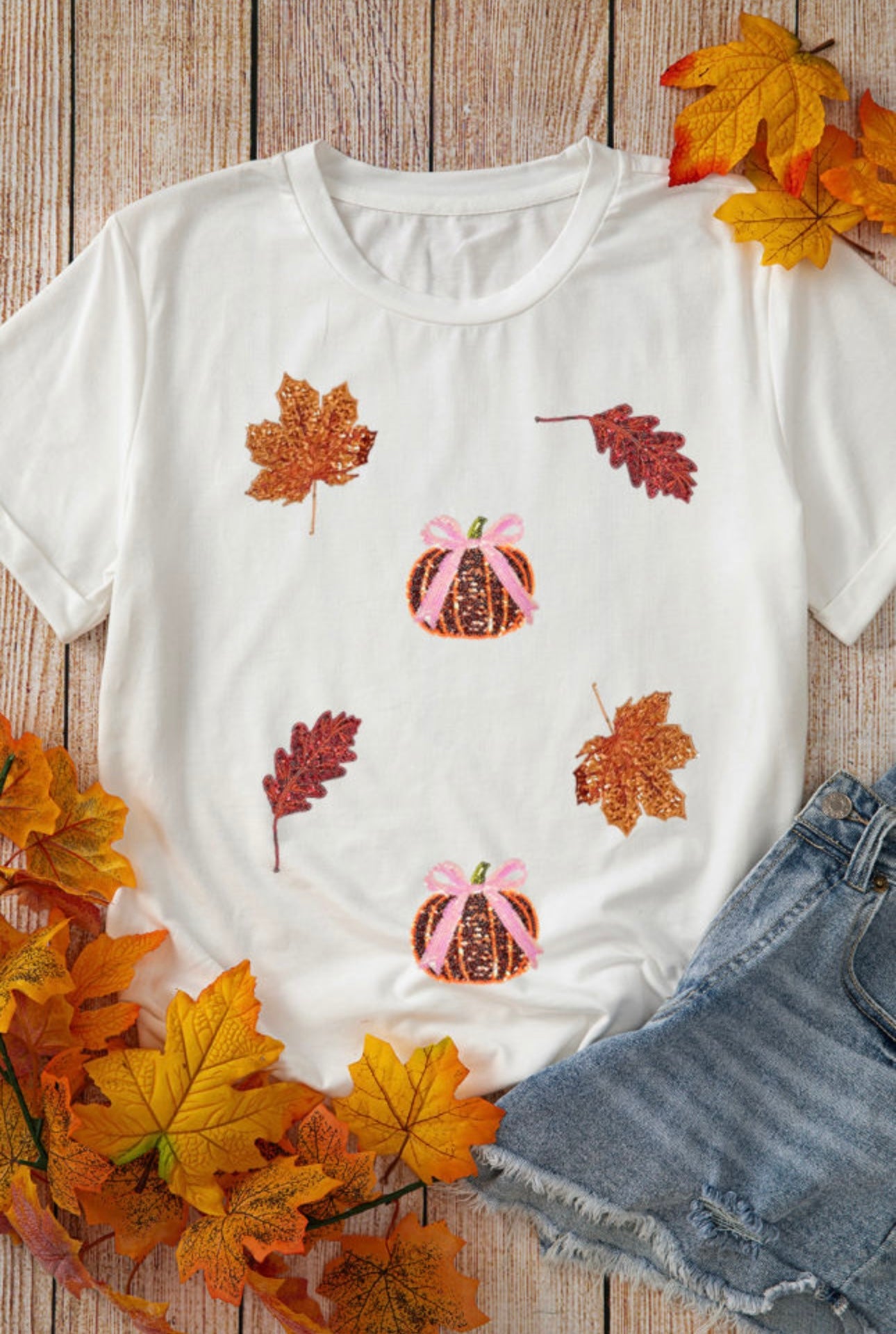 White Sequin Leaves & Bows Tee