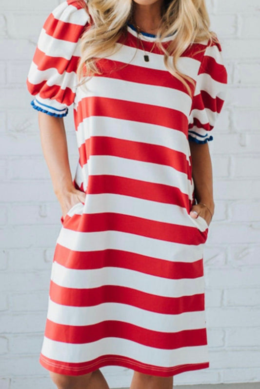 Striped Puff Sleeve Patriotic Dress