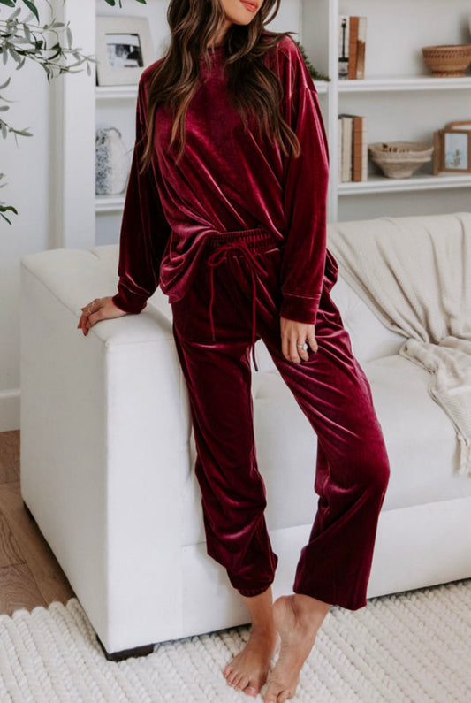 Maroon Velvet Jogger Two Piece Set