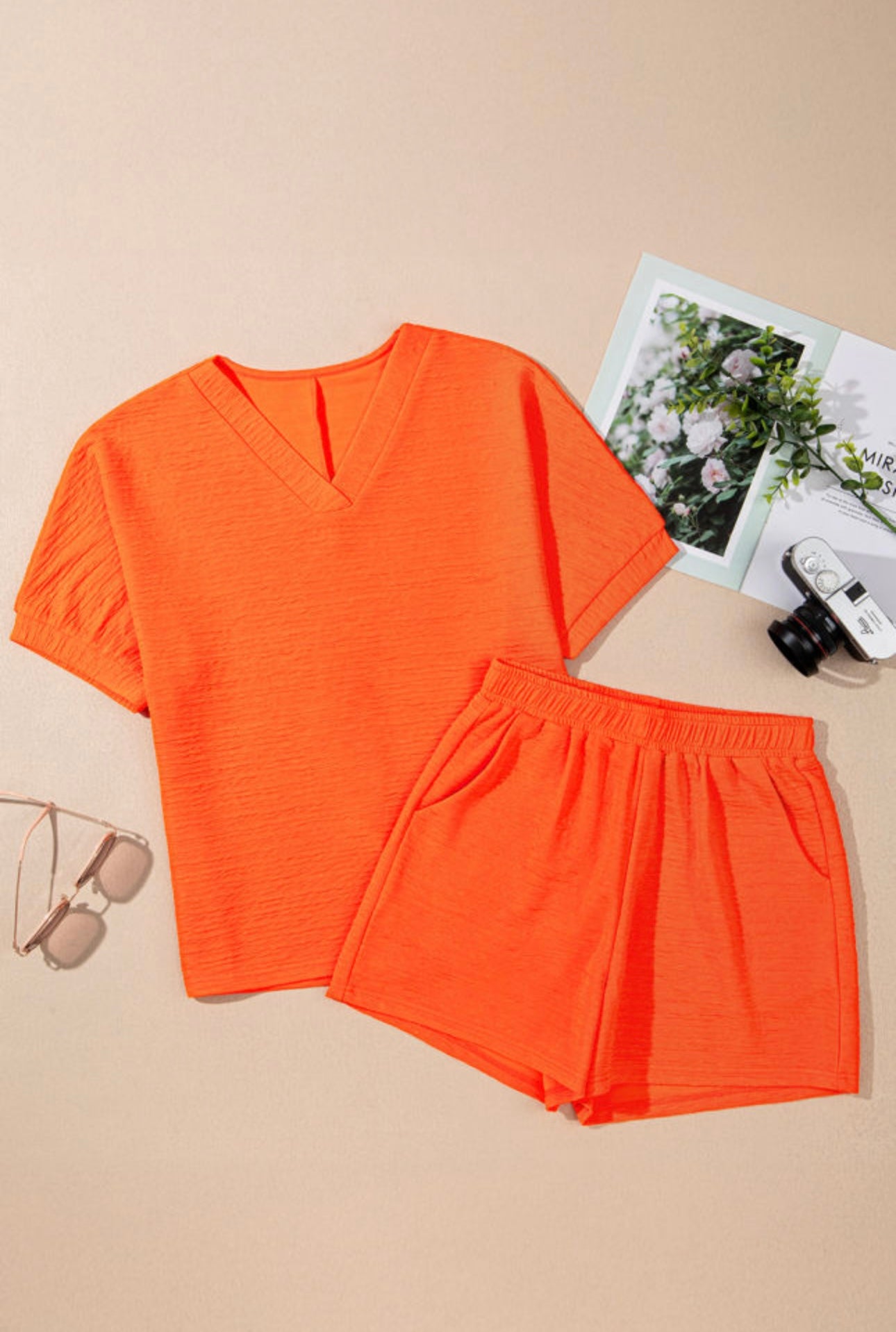 Orange Textured Shorts Set