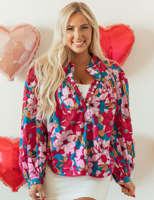 Floral Balloon Sleeve Half Button Blouse
