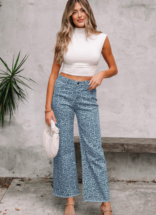 Blue Leopard Frayed Edge Wide Leg Jeans