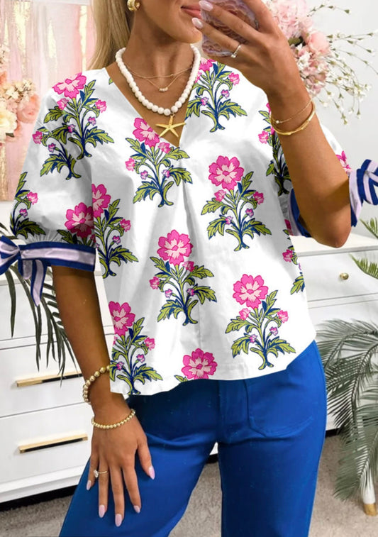 White Floral V Neck Short Sleeve Blouse