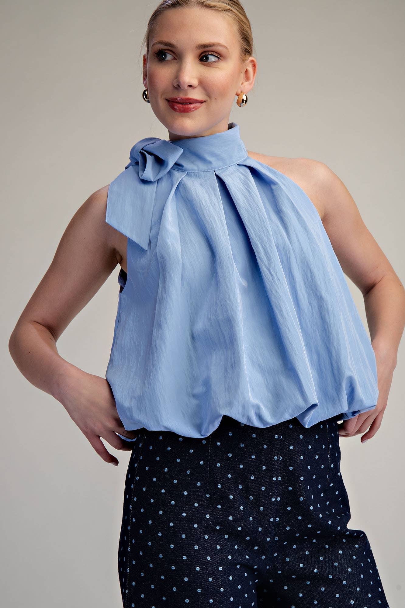 Blue High Neck Tie Wrap Balloon Sleeveless Top
