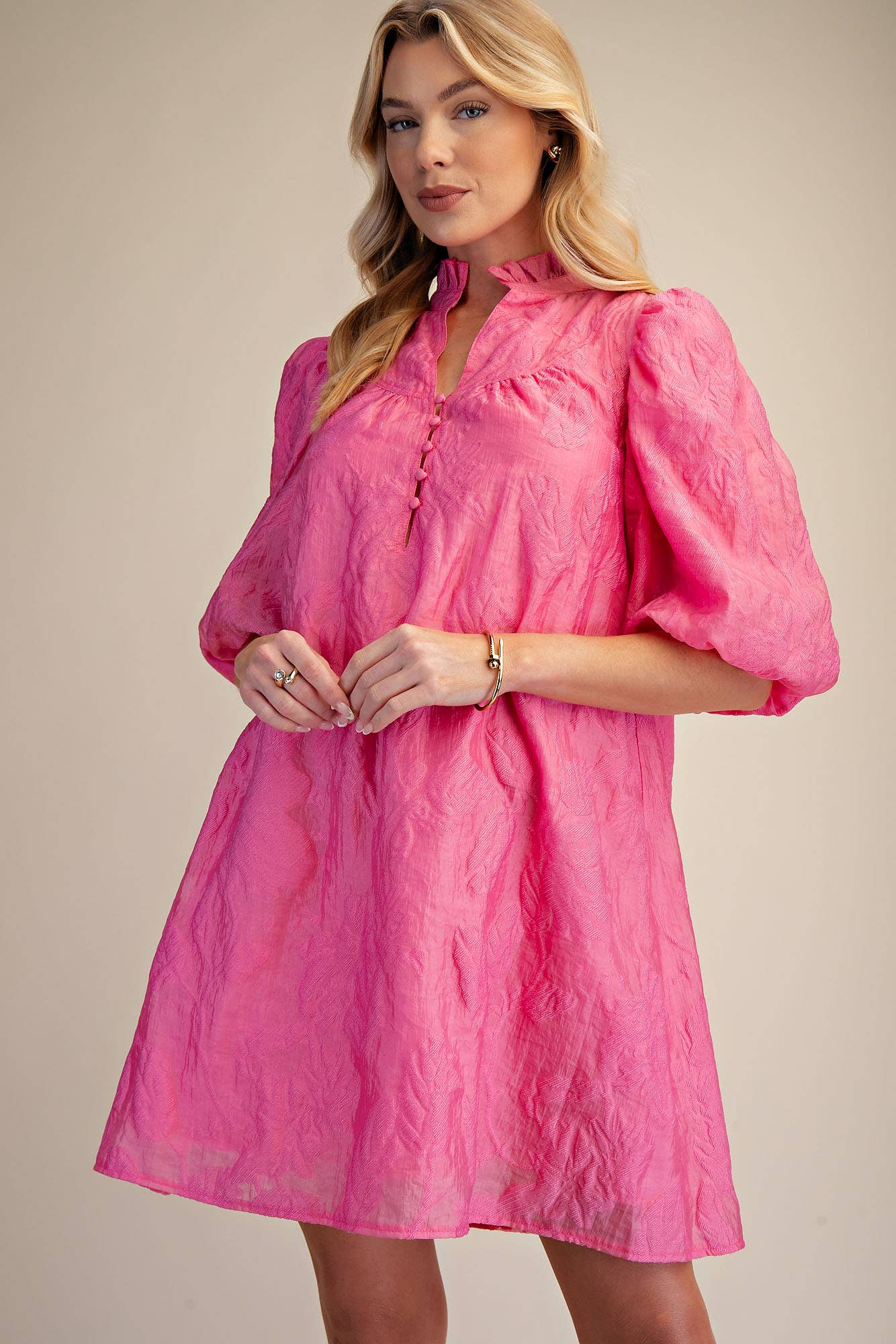 Pink Ruffled Neck with Volume Sleeve Dress