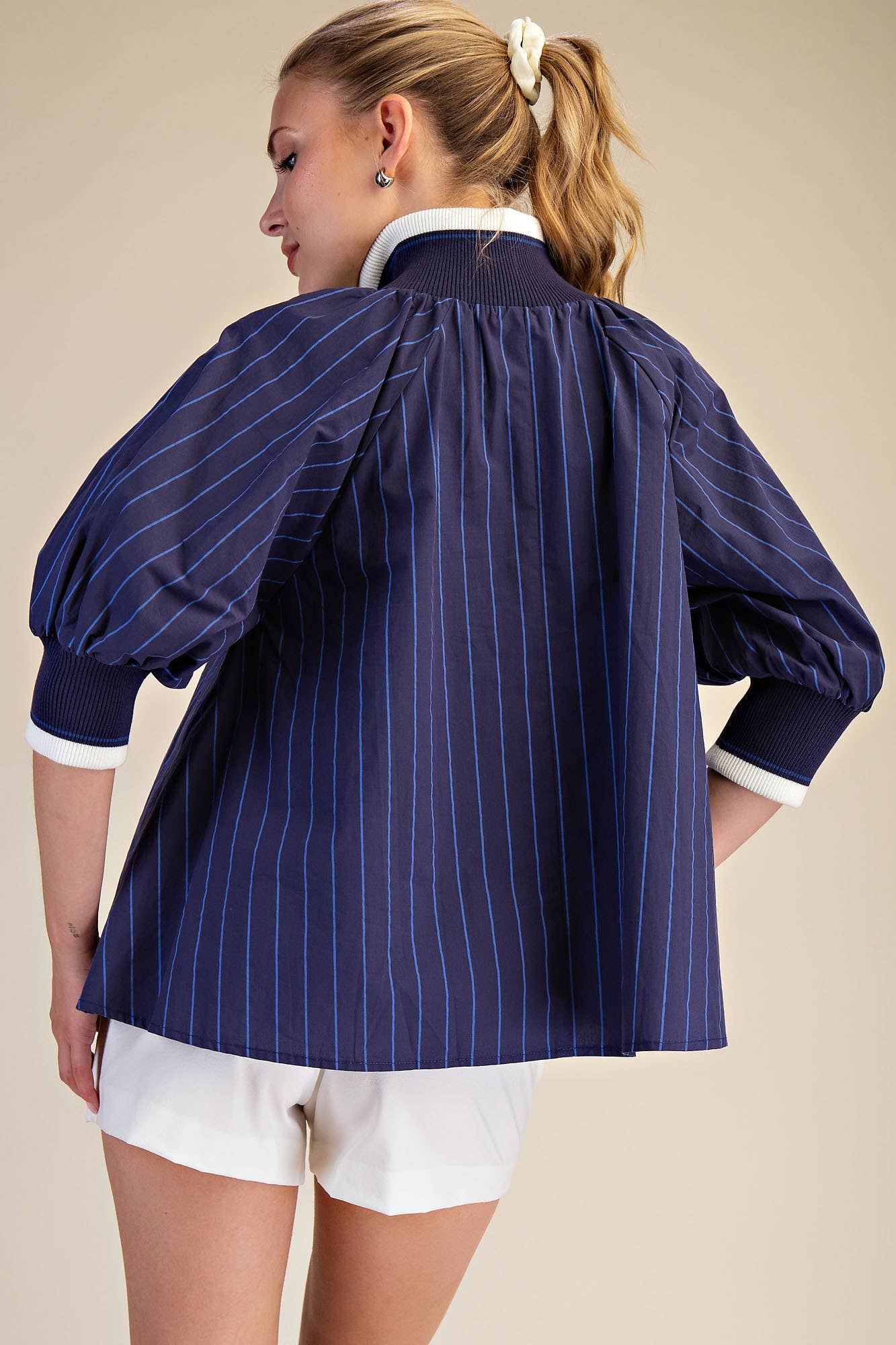 Navy Mock Neck Band Puff Sleeve Blouse