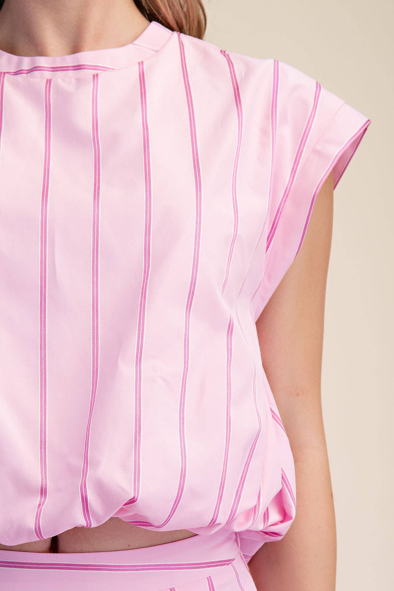 Pink Bubble Hem Stripe Crop Top Skirt Set