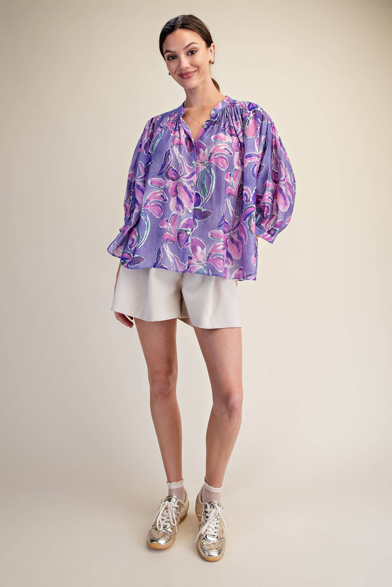 Purple Floral Button Down, Voluminous 3/4 Sleeve