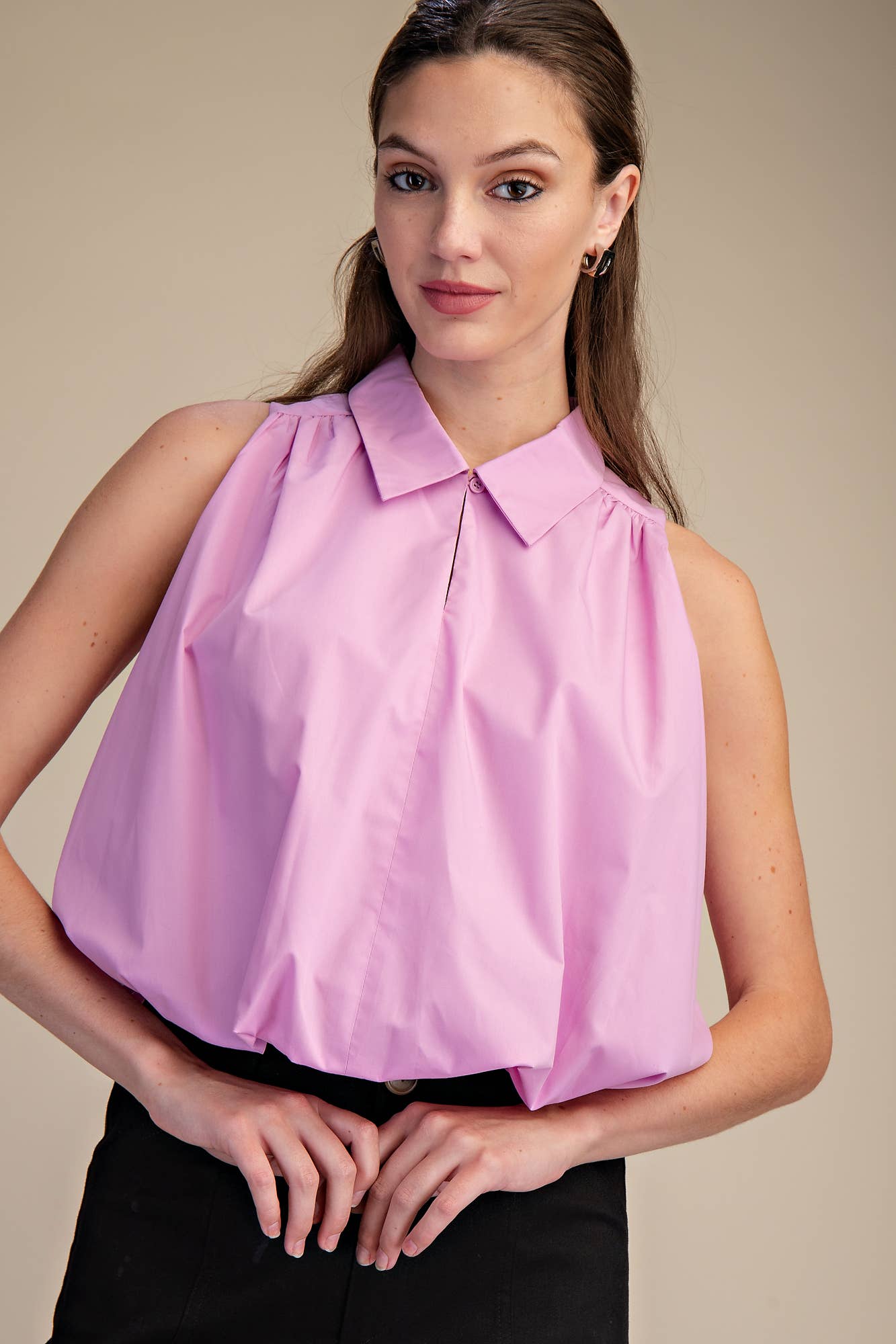 Pink Bubble Hem Sleeveless Shirt Top