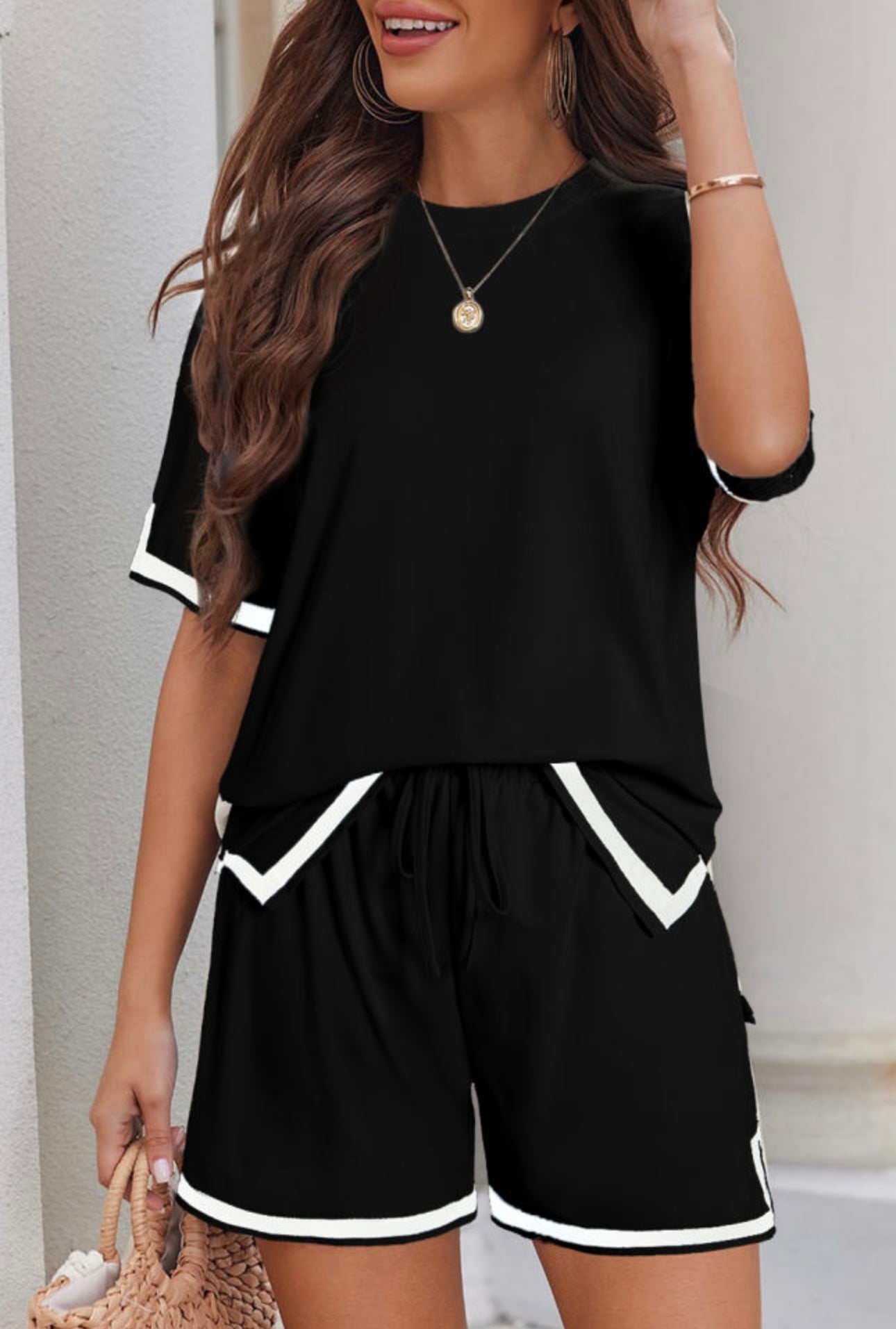 White Trim Shorts Set