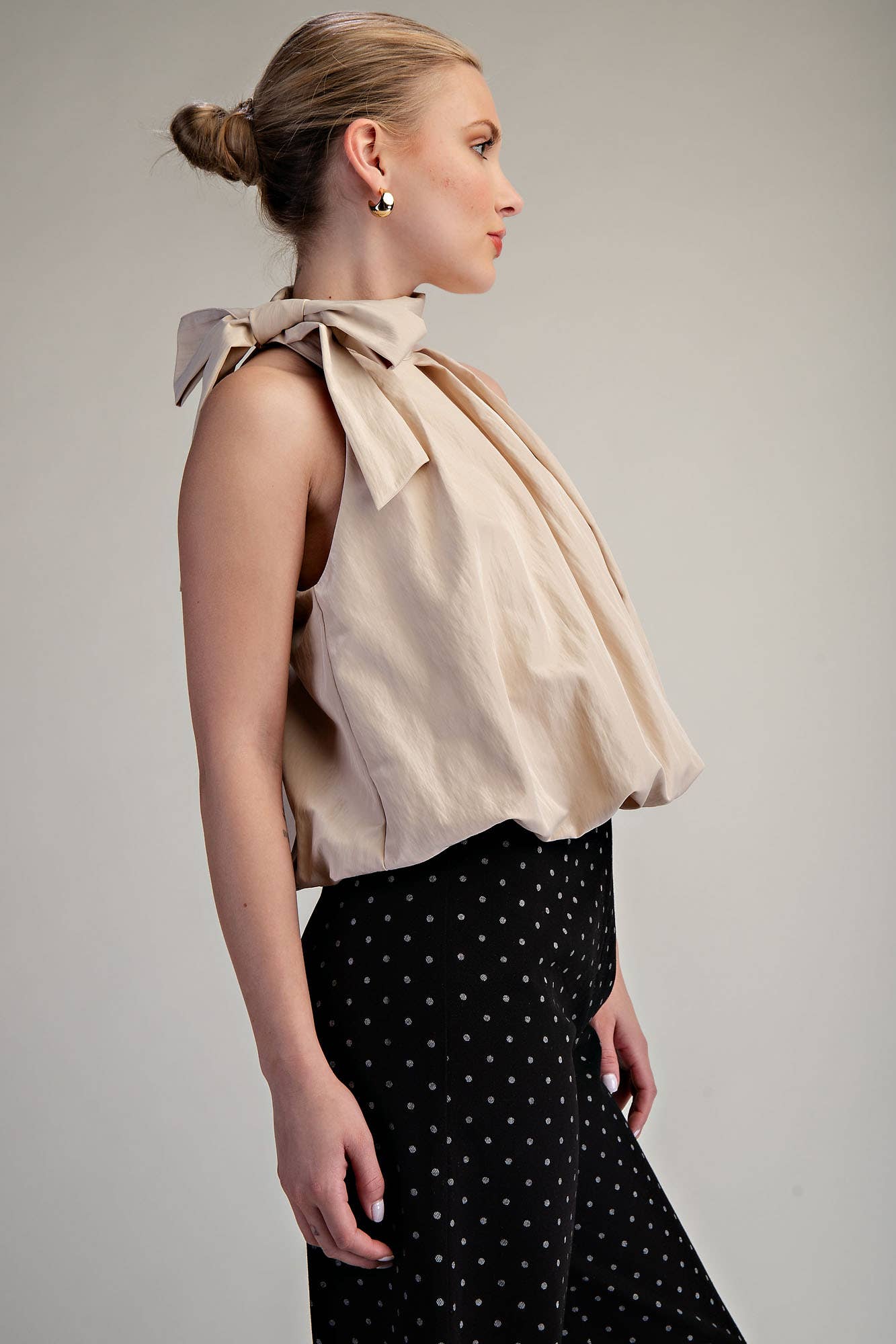 Taupe High Neck Tie Wrap Balloon Sleeveless Top