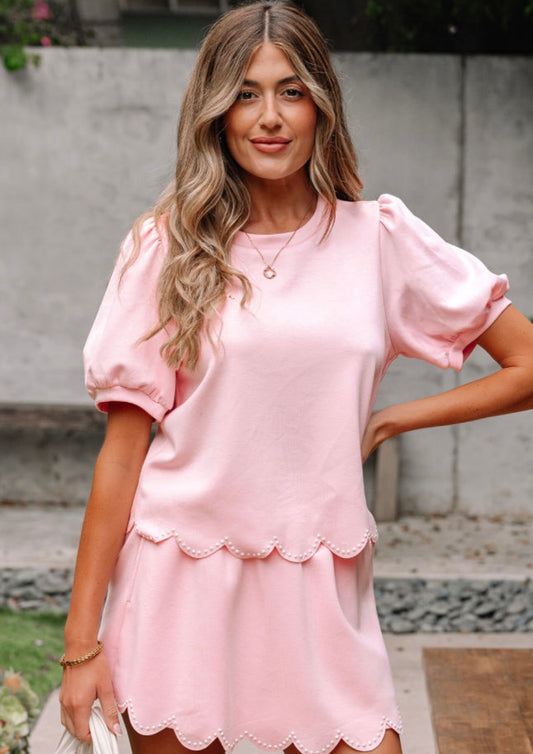Pink Puff Sleeve Scalloped Skort Set