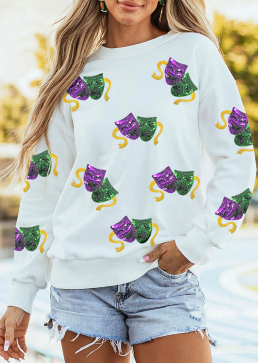 White Sequined Mardi Gras Mask Sweatshirt