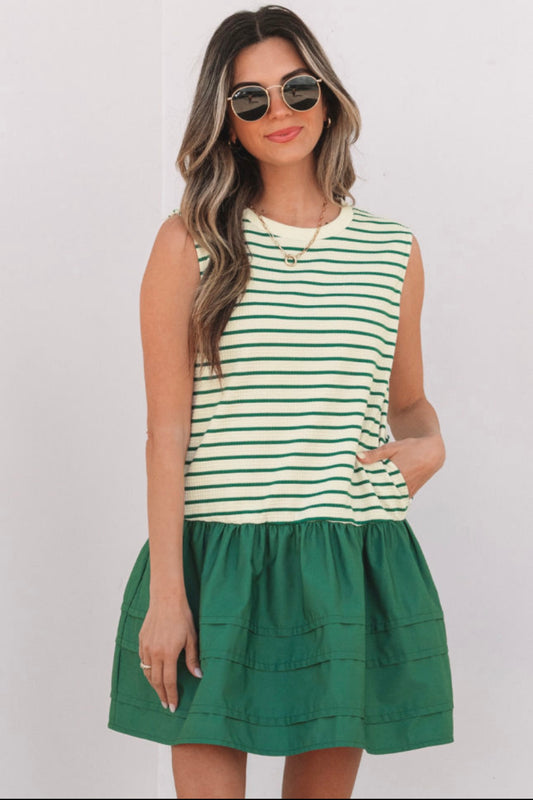Green Stripe Sleeveless Ruffled Dress
