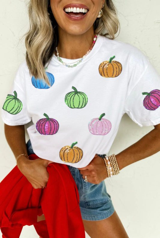 White Colorful Sequin Pumpkin Tee
