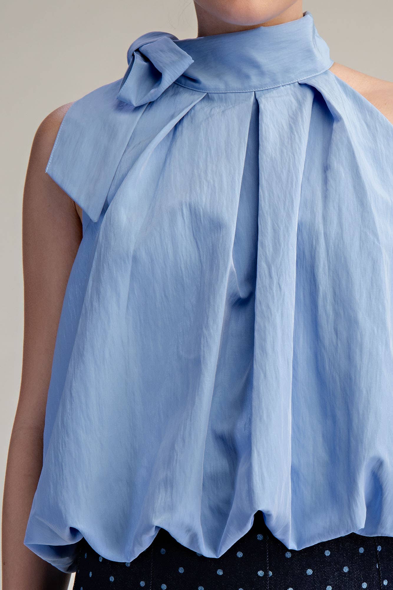 Blue High Neck Tie Wrap Balloon Sleeveless Top