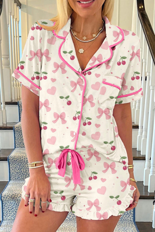 White Pajamas with Cherries and Bows