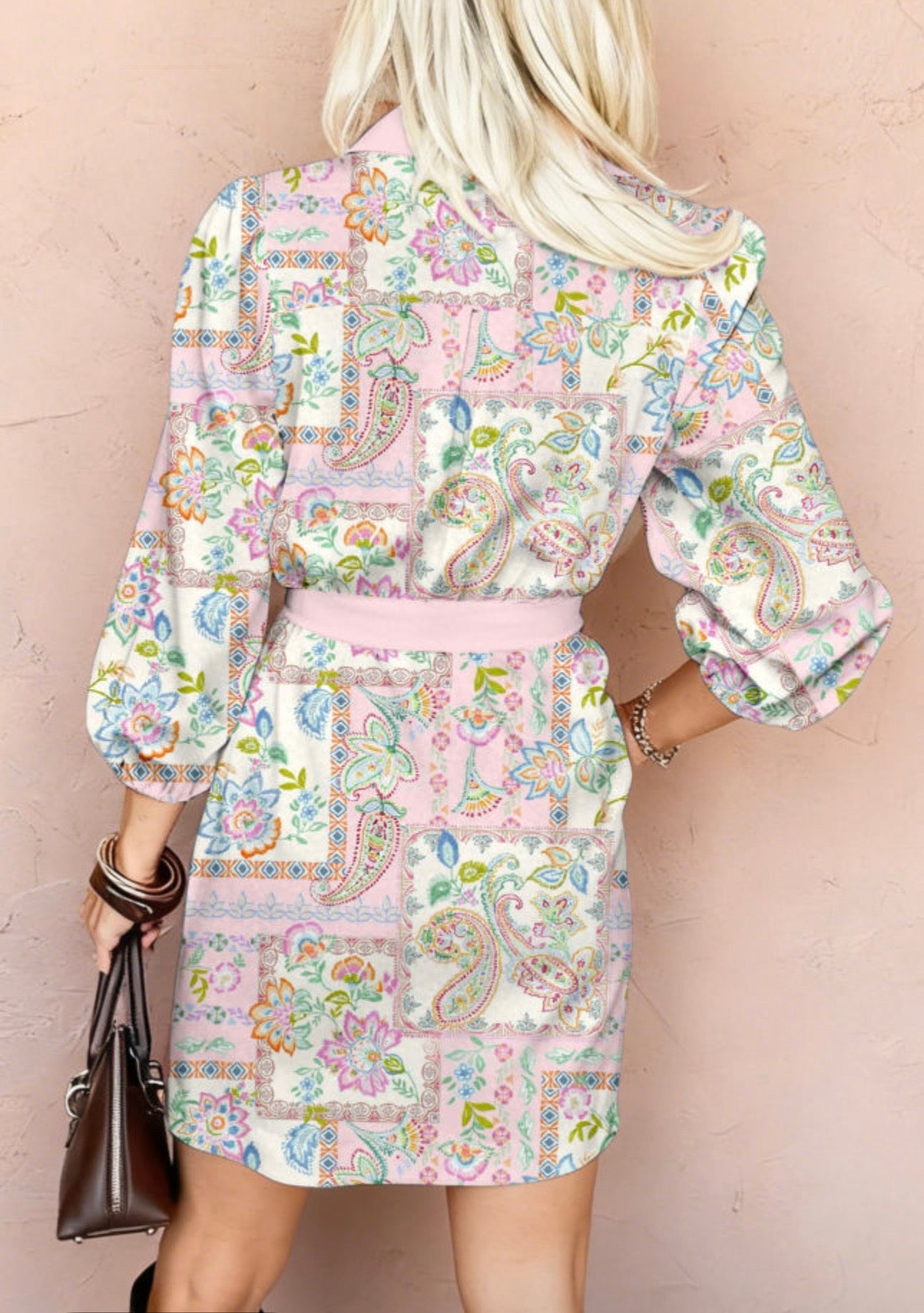 Pink Floral Half Sleeve Dress