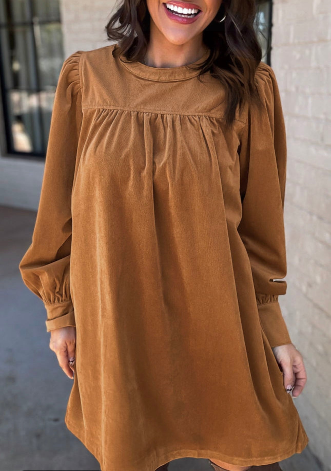 Desert Good Corduroy Pleated Puff Sleeve Shift Dress