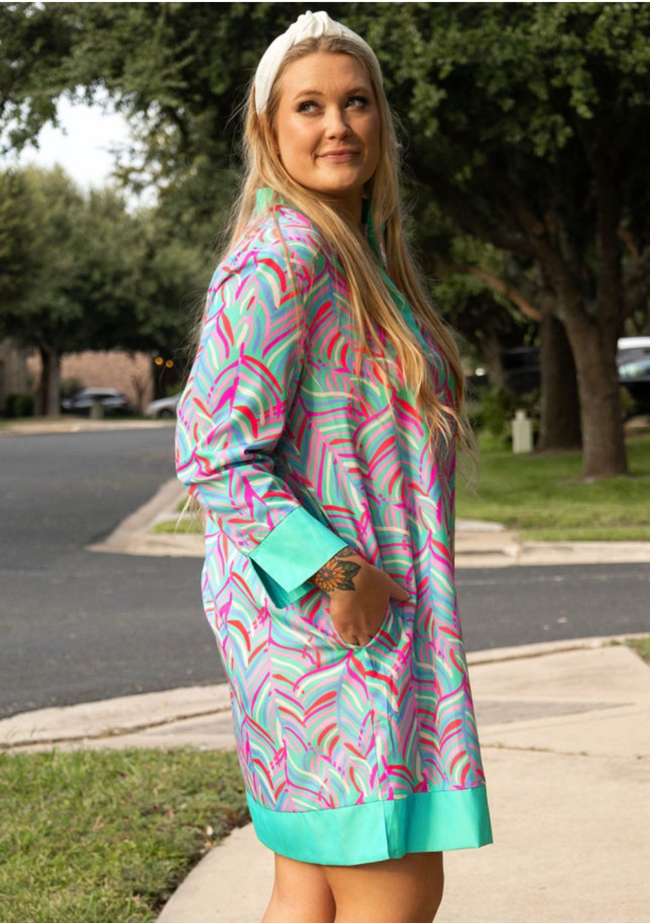 Curvy Sized Green Palm Pattern Shift Dress