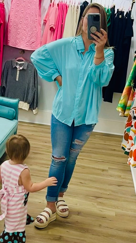 Iceland Blue Puff Sleeve Blouse