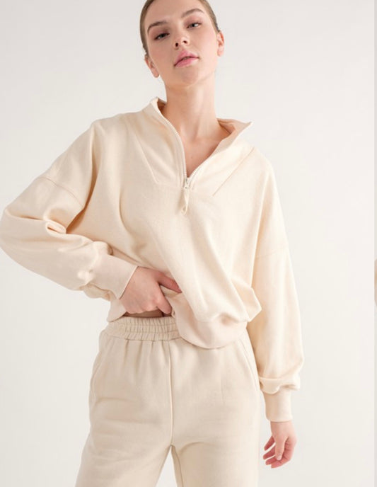 Cream Lightweight Zip V Neck Pullover