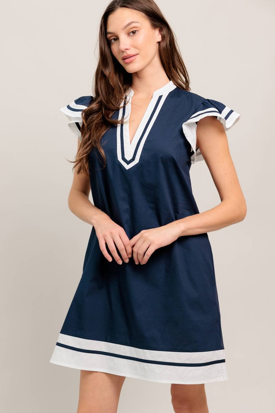 Navy Contrast Trim Flutter Sleeve Dress