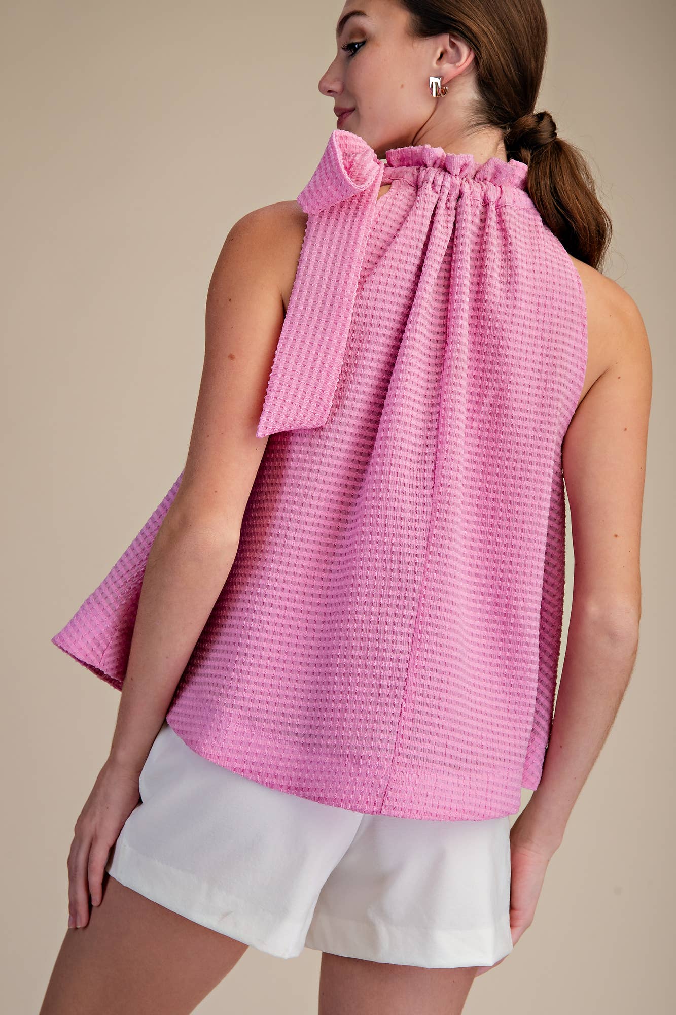 Pink Ruffle Neck Tie Sleeveless Top