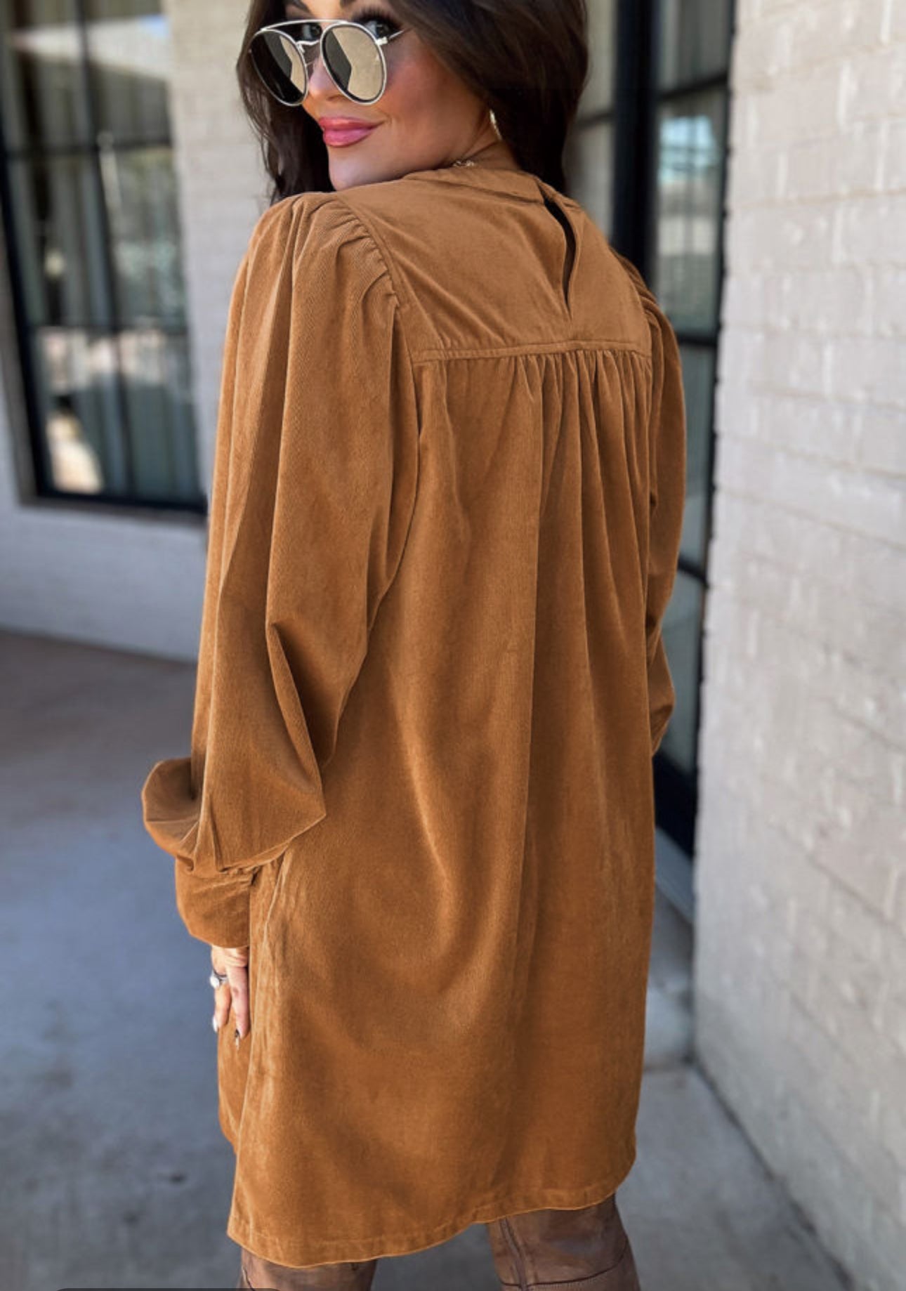 Desert Good Corduroy Pleated Puff Sleeve Shift Dress