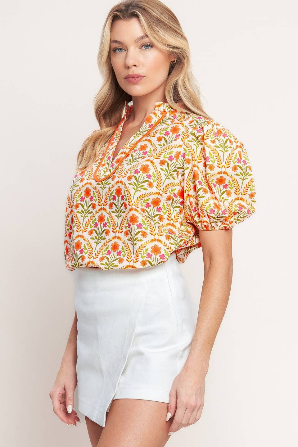 Cream Floral Puff Sleeve Top