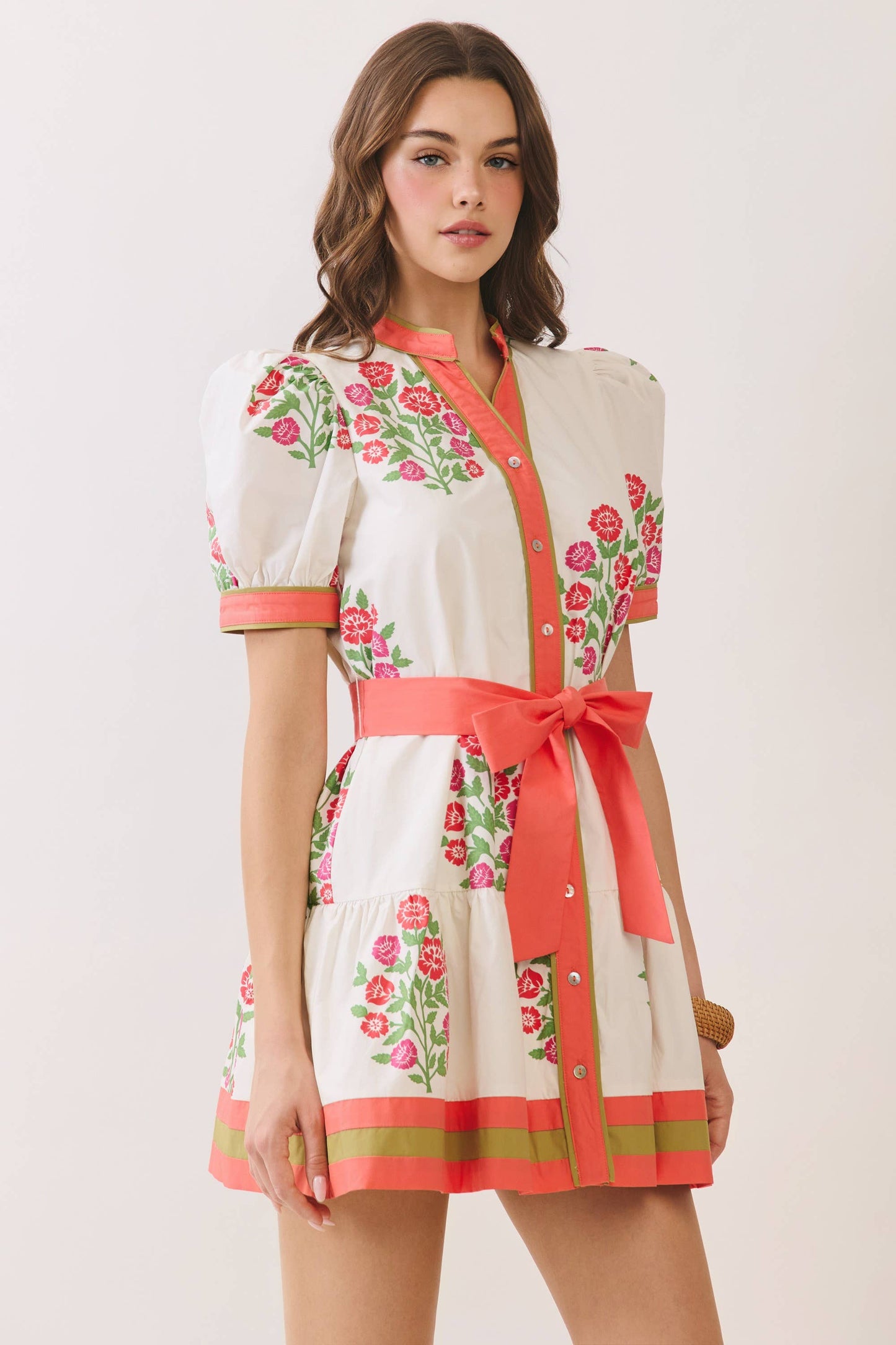 Floral Coral Trim Puff Sleeve Belted Mini Dress