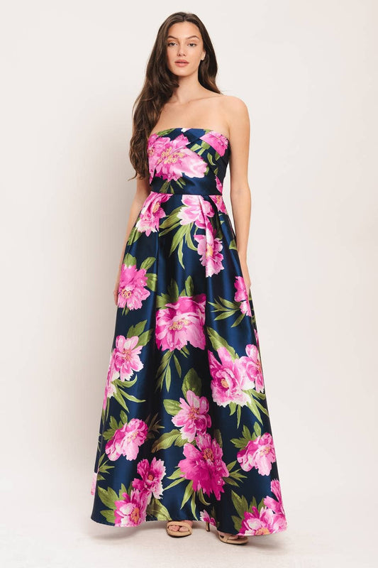 Navy Strapless Floral Full Length Event Dress