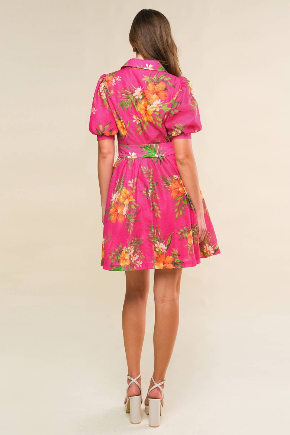 Fuchsia Printed Belted Woven Dress