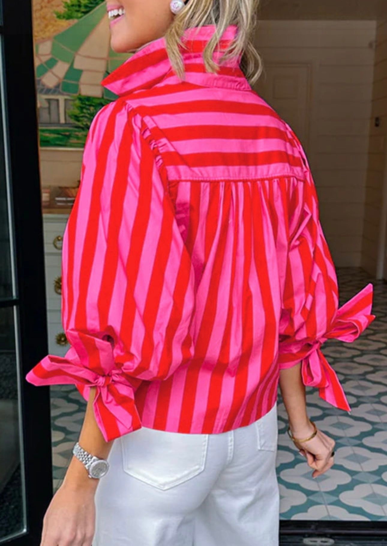 Red Stripe Tie Puff Sleeve Blouse