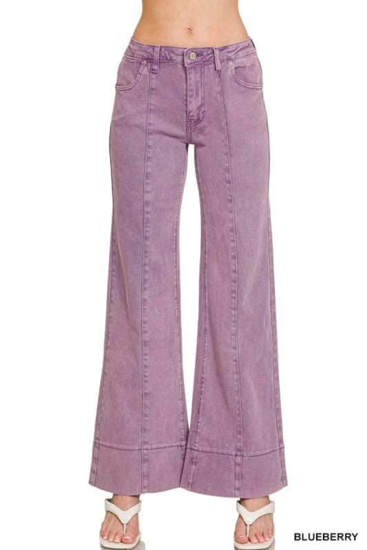 Purple Mid Rise Wide Leg Denim Pants
