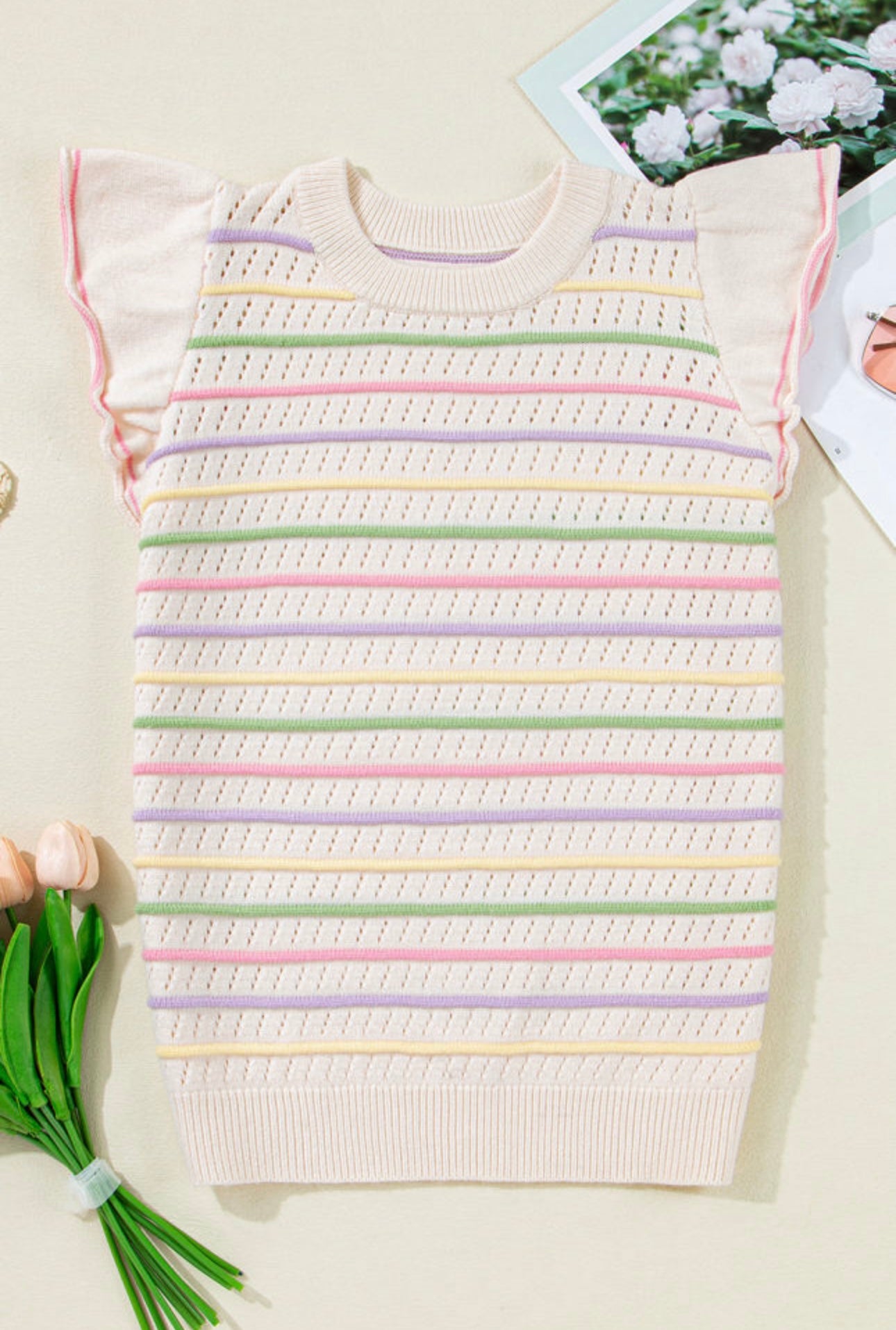 Oatmeal Colorful Stripe Ruffled Sweater